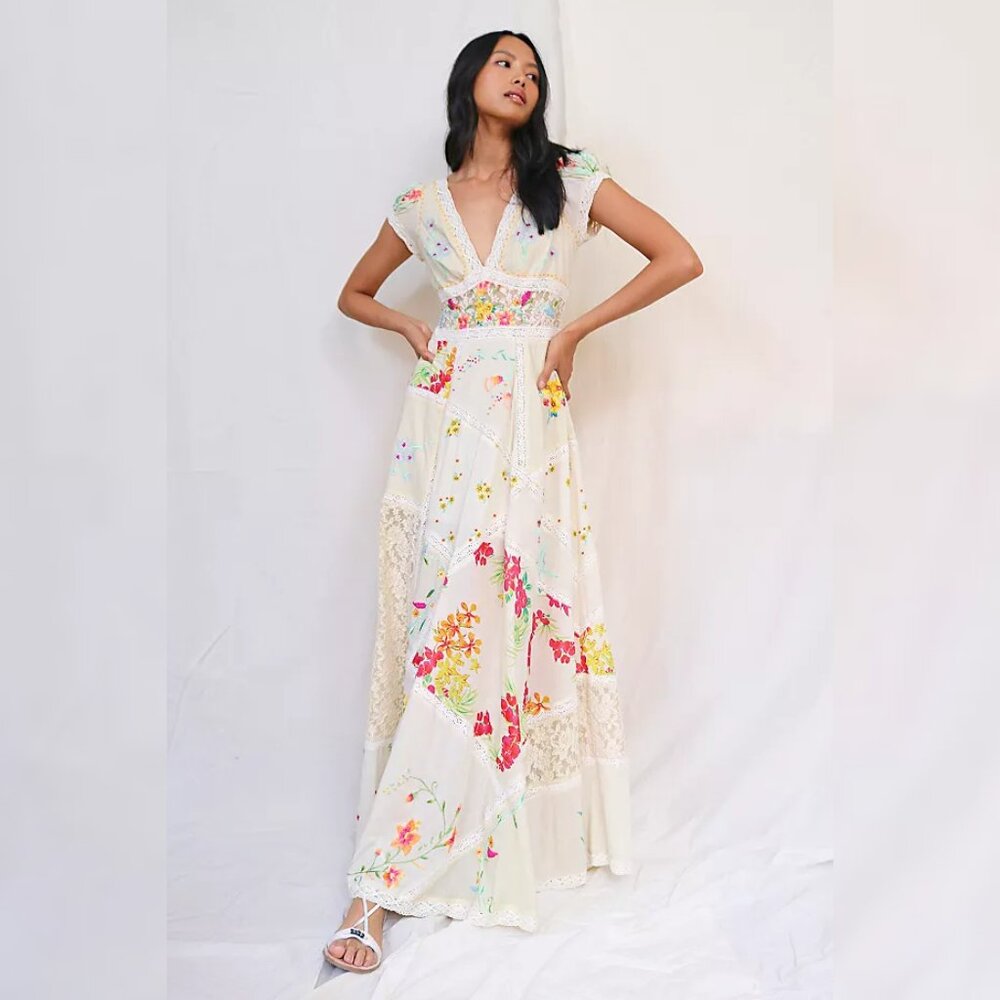 ISO Free People Hibiscus Heaven Embroidered Maxi Dress Cream Combo Size XS or S